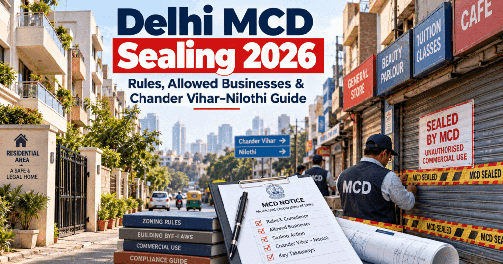 Delhi MCD Sealing 2026 infographic showing allowed businesses, restricted activities, PM-UDAY and Chander Vihar Nilothi