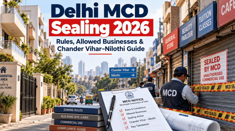 Delhi MCD Sealing 2026 infographic showing allowed businesses, restricted activities, PM-UDAY and Chander Vihar Nilothi